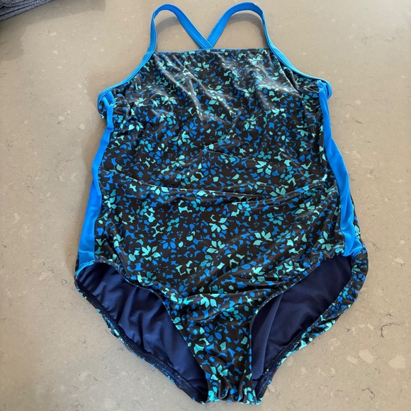 Lands' End Women Swimsuit Size 14 One Piece Blue Black Floral Crossback - Picture 1 of 8